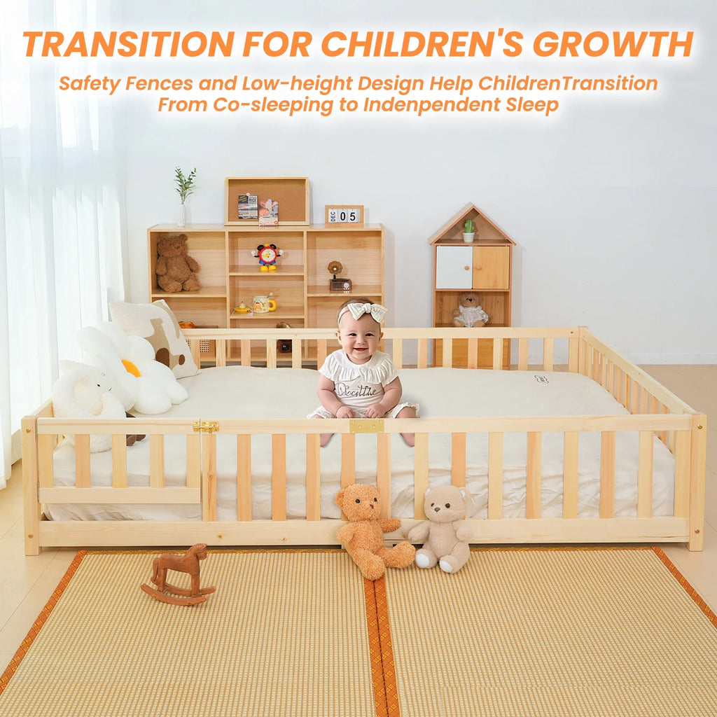 Slsy Twin Size Toddler Floor Bed, Solid Wood Montessori Bed Frame with Fence & Door Montessori Floor Bed Crib with Safety Guardrails for Girls and Boys