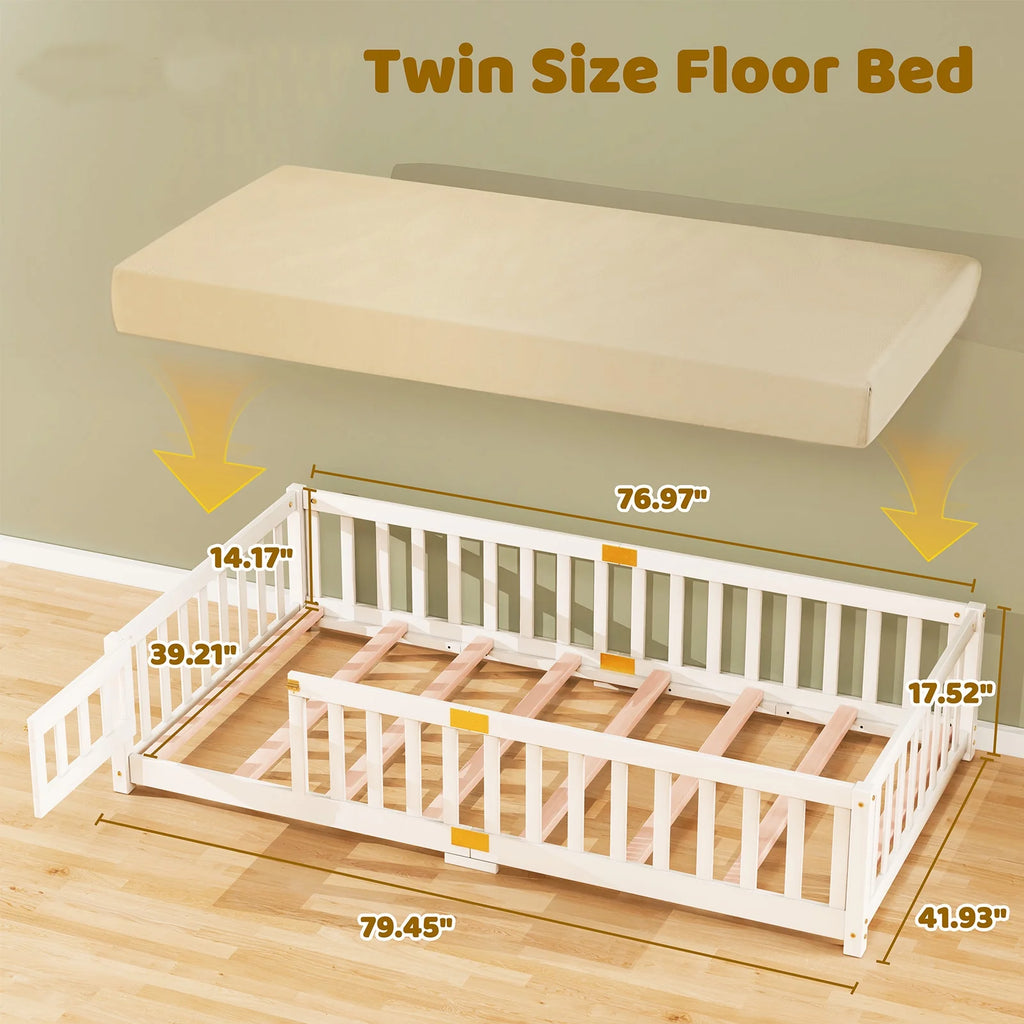 Slsy Twin Size Toddler Floor Bed, Solid Wood Montessori Bed Frame with Fence & Door Montessori Floor Bed Crib with Safety Guardrails for Girls and Boys