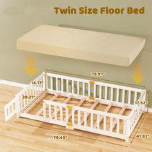 Load image into Gallery viewer, Slsy Twin Size Toddler Floor Bed, Solid Wood Montessori Bed Frame with Fence &amp; Door Montessori Floor Bed Crib with Safety Guardrails for Girls and Boys