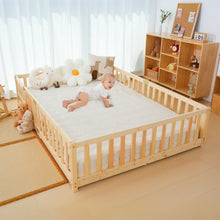Load image into Gallery viewer, Slsy Twin Size Toddler Floor Bed, Solid Wood Montessori Bed Frame with Fence &amp; Door Montessori Floor Bed Crib with Safety Guardrails for Girls and Boys