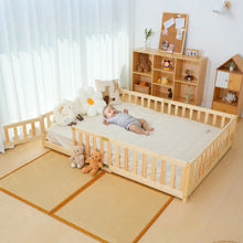 Load image into Gallery viewer, Slsy Twin Size Toddler Floor Bed, Solid Wood Montessori Bed Frame with Fence &amp; Door Montessori Floor Bed Crib with Safety Guardrails for Girls and Boys