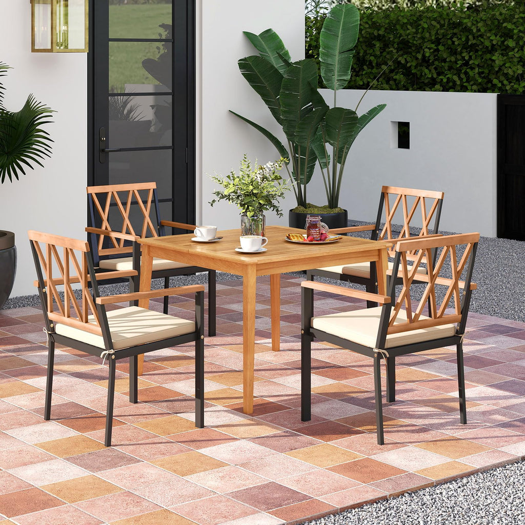 Tangkula 5 Piece Patio Wood Dining Set Outdoor Square Acacia Table Metal Chairs Set