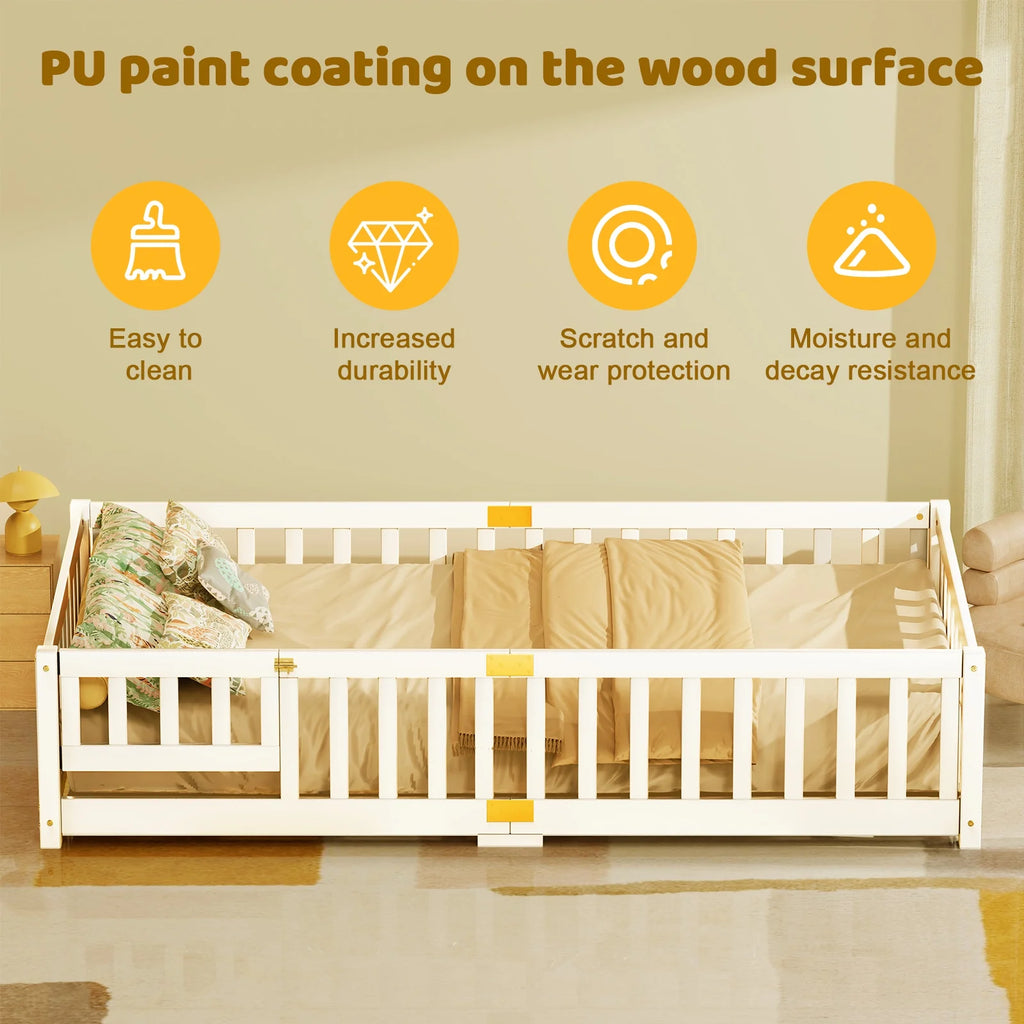 Slsy Twin Size Toddler Floor Bed, Solid Wood Montessori Bed Frame with Fence & Door Montessori Floor Bed Crib with Safety Guardrails for Girls and Boys