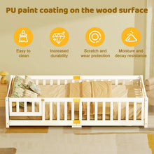 Load image into Gallery viewer, Slsy Twin Size Toddler Floor Bed, Solid Wood Montessori Bed Frame with Fence &amp; Door Montessori Floor Bed Crib with Safety Guardrails for Girls and Boys