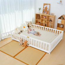 Load image into Gallery viewer, Slsy Twin Size Toddler Floor Bed, Solid Wood Montessori Bed Frame with Fence &amp; Door Montessori Floor Bed Crib with Safety Guardrails for Girls and Boys