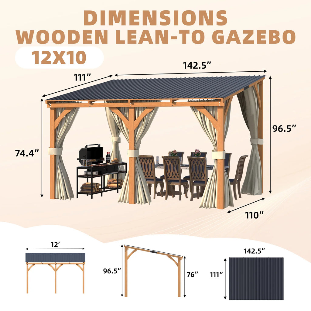 AECOJOY 12x10 Outdoor Wooden Pergola Gazebo with Curtains and Netting for Patio