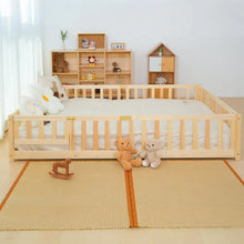 Load image into Gallery viewer, Slsy Twin Size Toddler Floor Bed, Solid Wood Montessori Bed Frame with Fence &amp; Door Montessori Floor Bed Crib with Safety Guardrails for Girls and Boys