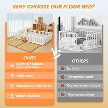 Load image into Gallery viewer, Slsy Twin Size Toddler Floor Bed, Solid Wood Montessori Bed Frame with Fence &amp; Door Montessori Floor Bed Crib with Safety Guardrails for Girls and Boys