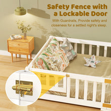 Load image into Gallery viewer, Slsy Twin Size Toddler Floor Bed, Solid Wood Montessori Bed Frame with Fence &amp; Door Montessori Floor Bed Crib with Safety Guardrails for Girls and Boys