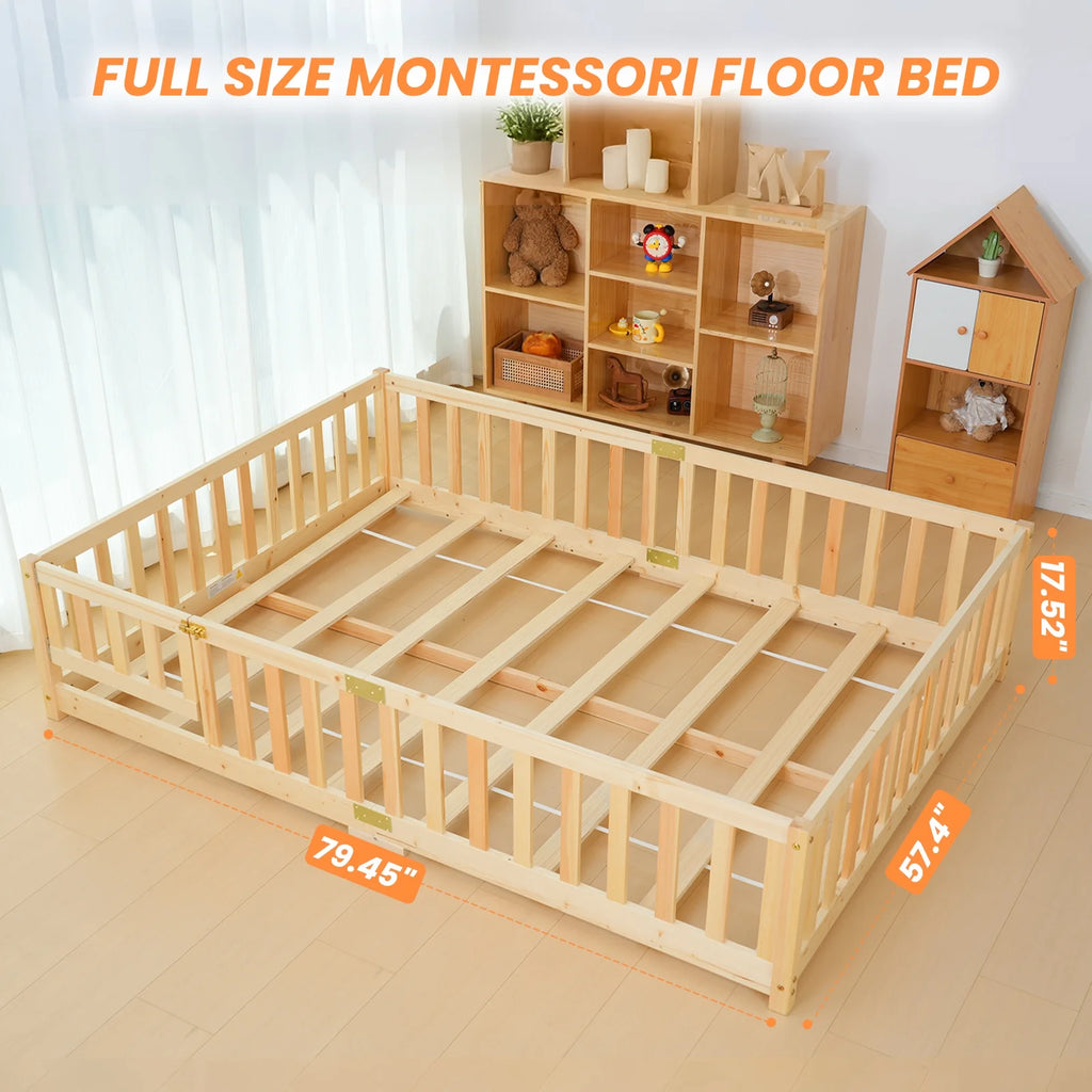Slsy Twin Size Toddler Floor Bed, Solid Wood Montessori Bed Frame with Fence & Door Montessori Floor Bed Crib with Safety Guardrails for Girls and Boys