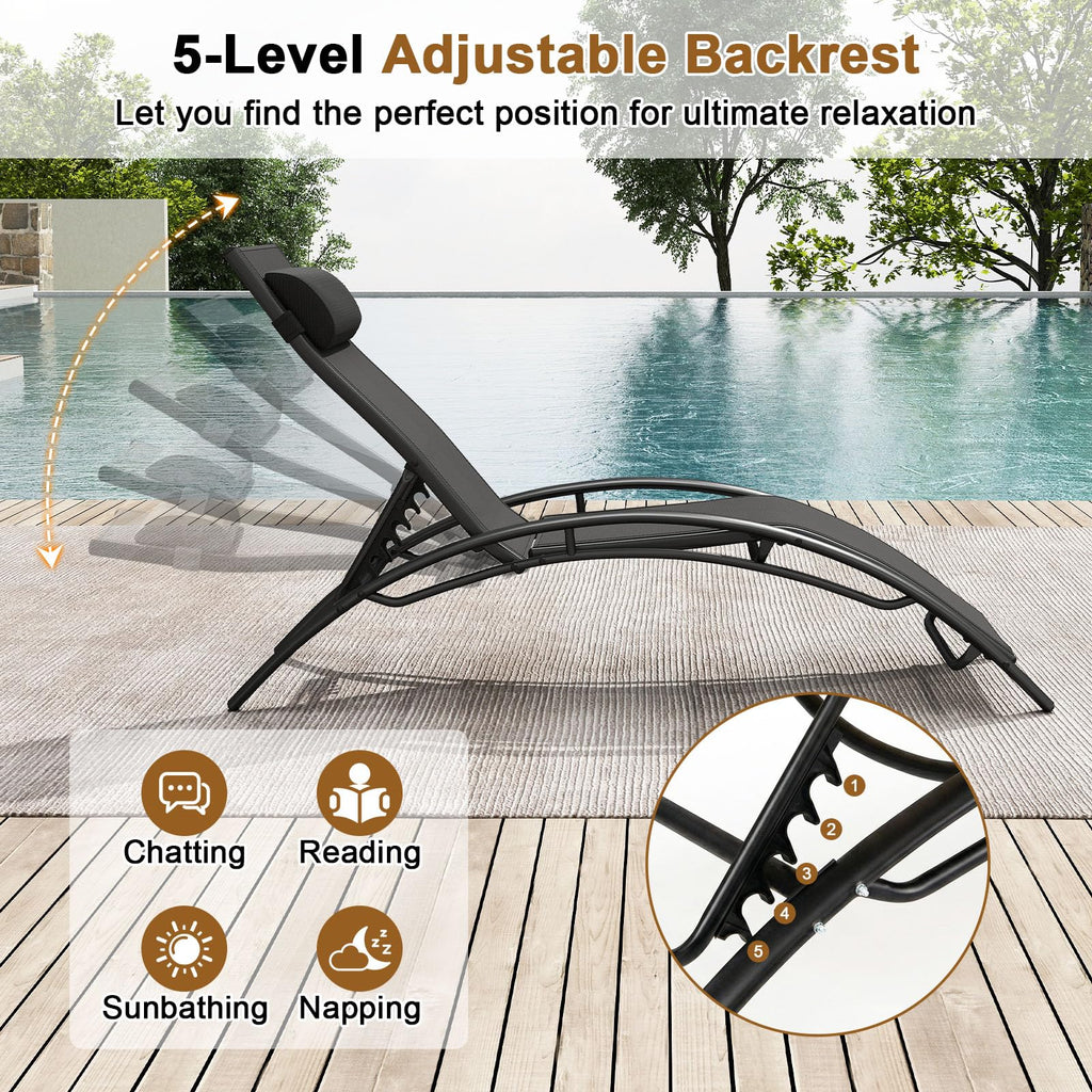 Tangkula Patio Chaise Lounges with 5-Position Backrest-Black