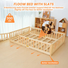 Load image into Gallery viewer, Slsy Twin Size Toddler Floor Bed, Solid Wood Montessori Bed Frame with Fence &amp; Door Montessori Floor Bed Crib with Safety Guardrails for Girls and Boys