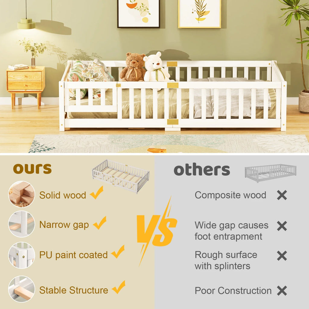 Slsy Twin Size Toddler Floor Bed, Solid Wood Montessori Bed Frame with Fence & Door Montessori Floor Bed Crib with Safety Guardrails for Girls and Boys