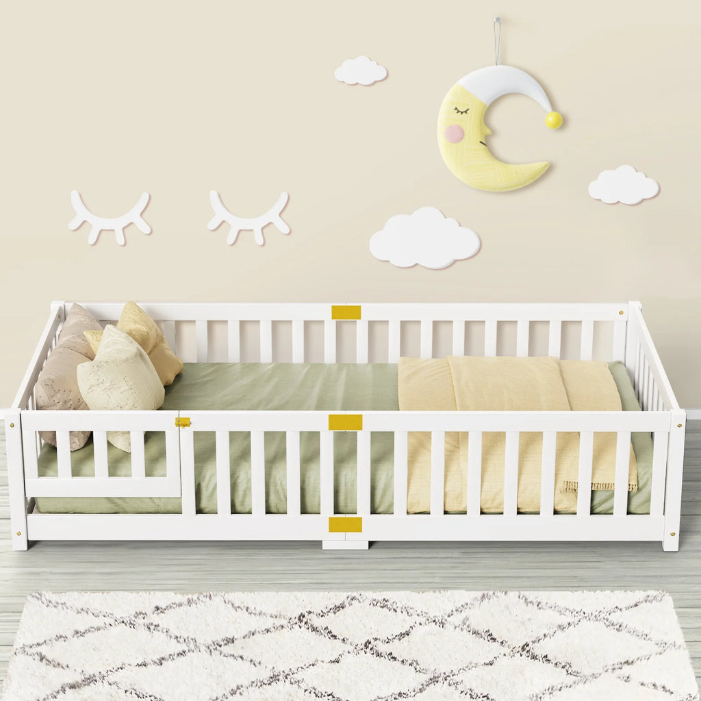 Slsy Twin Size Toddler Floor Bed, Solid Wood Montessori Bed Frame with Fence & Door Montessori Floor Bed Crib with Safety Guardrails for Girls and Boys