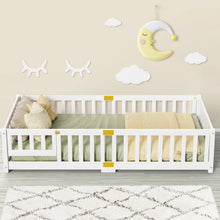 Load image into Gallery viewer, Slsy Twin Size Toddler Floor Bed, Solid Wood Montessori Bed Frame with Fence &amp; Door Montessori Floor Bed Crib with Safety Guardrails for Girls and Boys