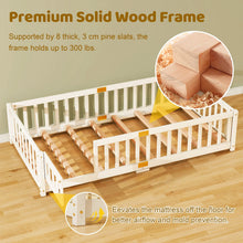 Load image into Gallery viewer, Slsy Twin Size Toddler Floor Bed, Solid Wood Montessori Bed Frame with Fence &amp; Door Montessori Floor Bed Crib with Safety Guardrails for Girls and Boys