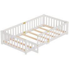 Load image into Gallery viewer, Slsy Twin Size Toddler Floor Bed, Solid Wood Montessori Bed Frame with Fence &amp; Door Montessori Floor Bed Crib with Safety Guardrails for Girls and Boys
