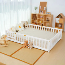 Load image into Gallery viewer, Slsy Twin Size Toddler Floor Bed, Solid Wood Montessori Bed Frame with Fence &amp; Door Montessori Floor Bed Crib with Safety Guardrails for Girls and Boys