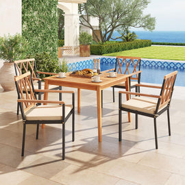 Tangkula 5 Piece Patio Wood Dining Set Outdoor Square Acacia Table Metal Chairs Set